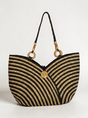 Woven Straw Tote Shoulder Bag in Black and Natural